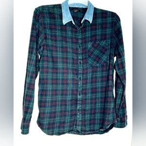 New Look green check casual button down shirt with denim collar L